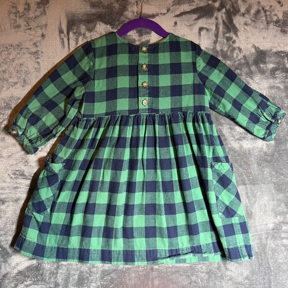 Hanna Anderson Green & Blue Plaid Flannel Pocket Dress Pleated Upper Button Up B - Picture 4 of 11